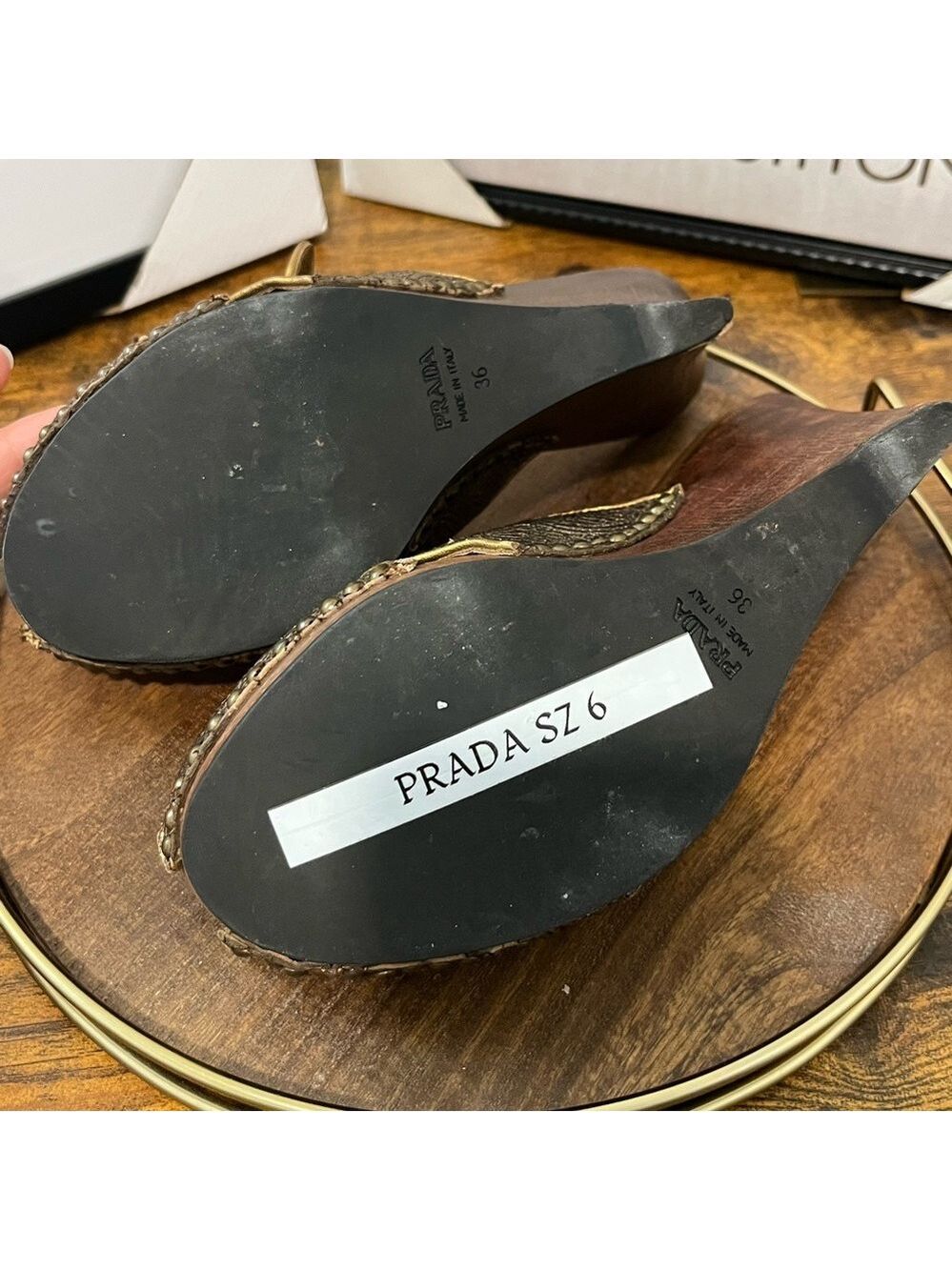 Prada Vintage Gold & Brown Wedge Shoes - Picture 7 of 7